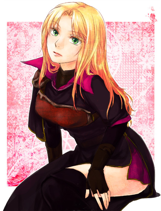 1girl, blonde_hair, fire_emblem, fire_emblem:_shin_monshou_no_nazo, gloves, green_eyes, kuraine, long_hair