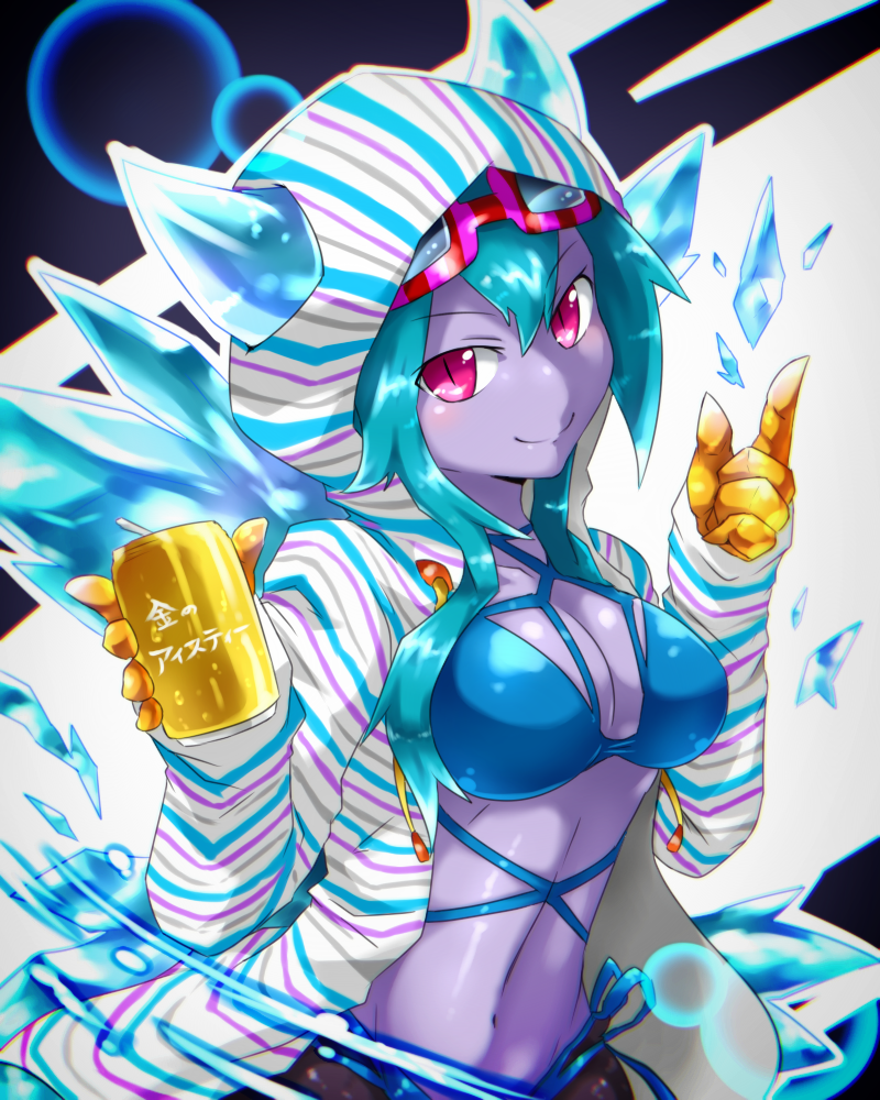 1girl, bikini, blue_bikini, blue_hair, breasts, cleavage, demon_girl, fangs