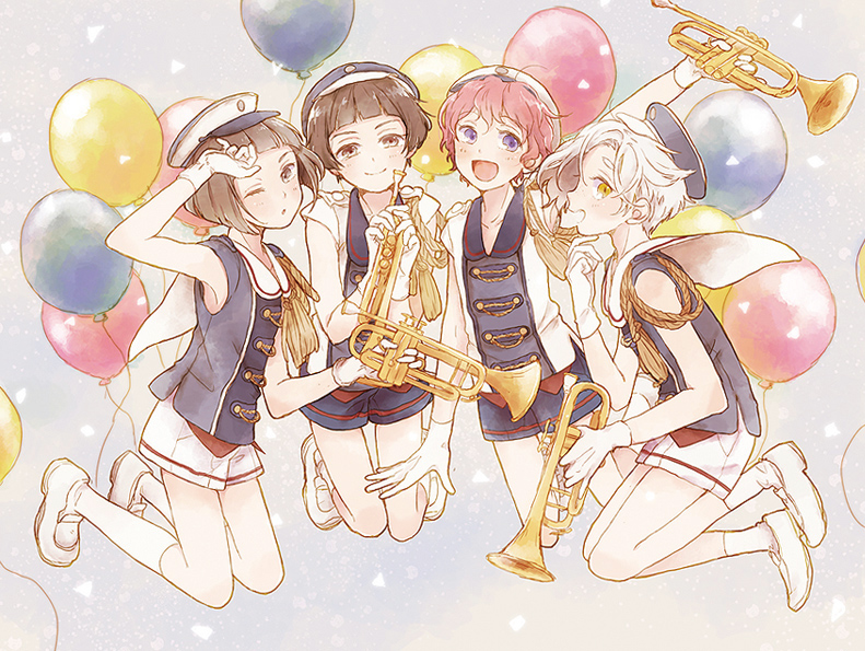 4boys, akita_toushirou, balloon, blue_eyes, brown_eyes, brown_hair, gloves, gokotai, hat, hirano_toushirou, hiruri, instrument, maeda_toushirou, male_focus, marching_band, multiple_boys, one_eye_closed, open_mouth, pink_hair, shorts, smile, touken_ranbu, trumpet, uniform, white_gloves, white_hair, yellow_eyes