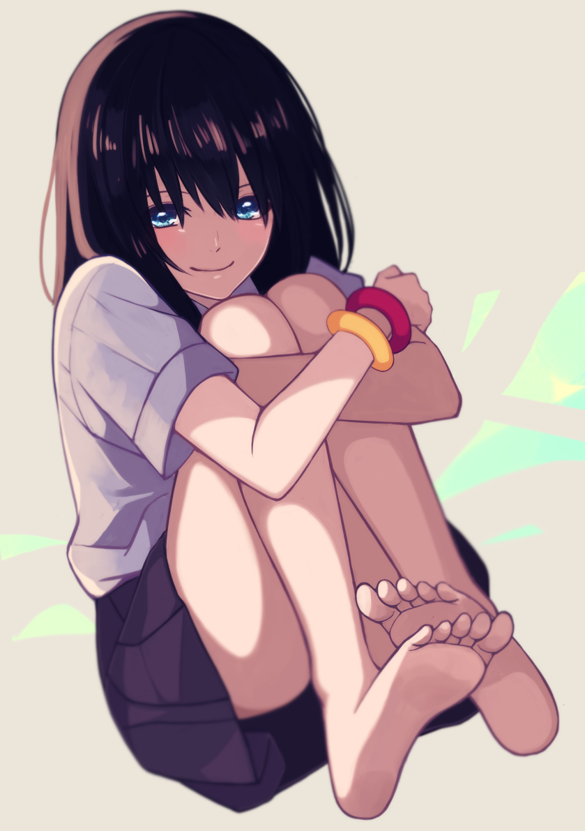 1girl, barefoot, blue_eyes, bracelet, brown_hair, feet, fetal_position, higeneko_(pluie), jewelry, leg_hug, legs, long_hair, looking_at_viewer, original, pleated_skirt, skirt, smile, soles, solo, toes
