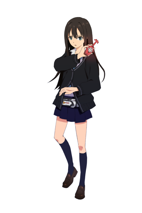 1girl, belt, brown_hair, cardigan, female, green_eyes, henshin_pose, idolmaster