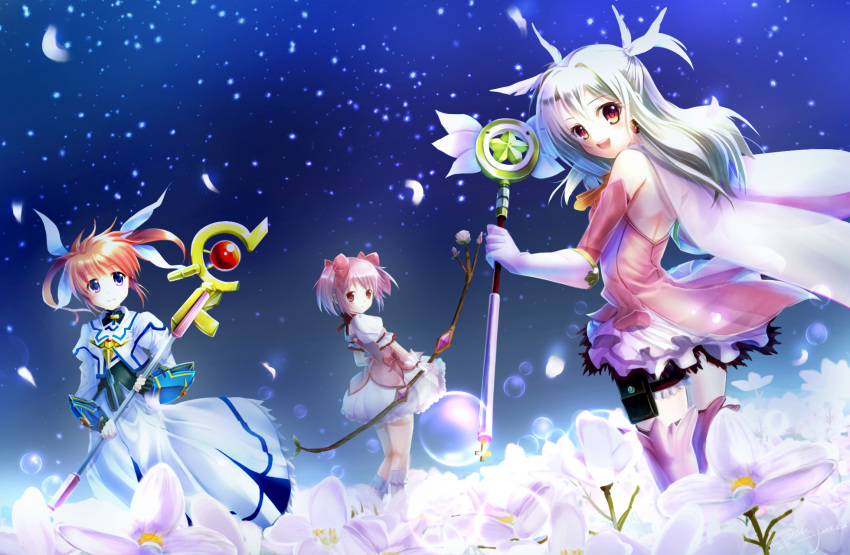 2015, 3girls, :d, bare_shoulders, blue_eyes, bow, bow_(weapon), earrings