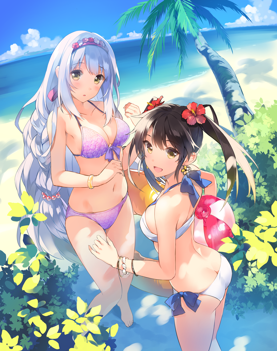 2girls, :o, ass, back, ball, bare_arms, beach, beachball, bikini, black_hair, blush, breasts, brown_eyes, butt_crack, cleavage, flower, hair_flower, hair_ornament, hairband, kantai_collection, leaf, long_hair, multiple_girls, navel, palm_tree, shoukaku_(kantai_collection), swimsuit, tousaki_umiko, tree, twintails, very_long_hair, water, white_hair, wristband, zuikaku_(kantai_collection)