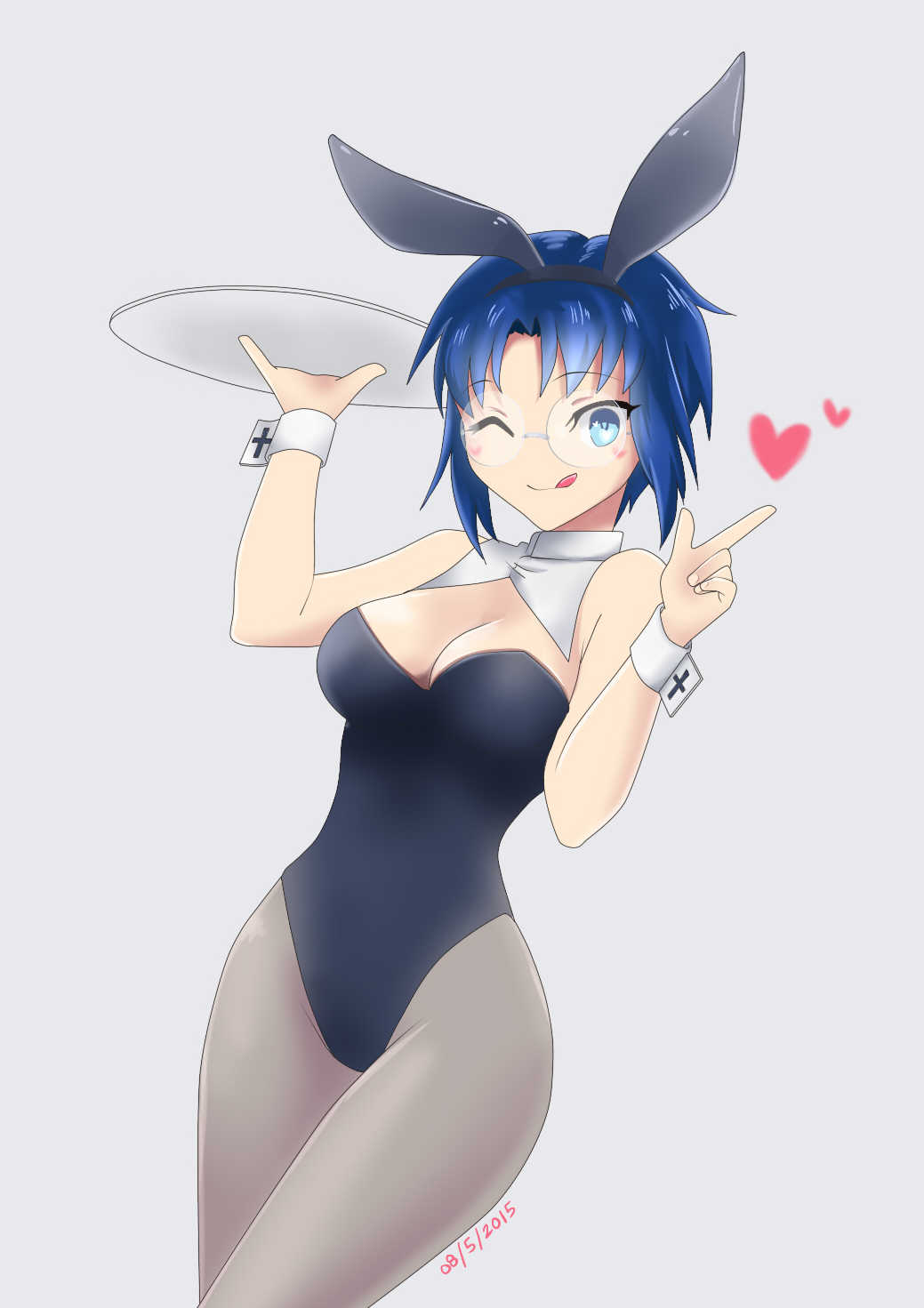 1girl, ;p, animal_ears, blue_eyes, blue_hair, breasts, bunnysuit, choker