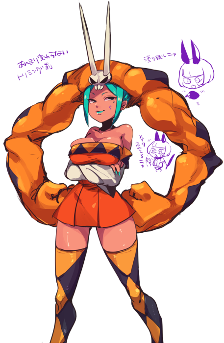 aqua_lipstick, breasts, cerebella_(skullgirls), crossed_arms, dark_skin, detached_sleeves, dress, ekubo_(ciaobero)