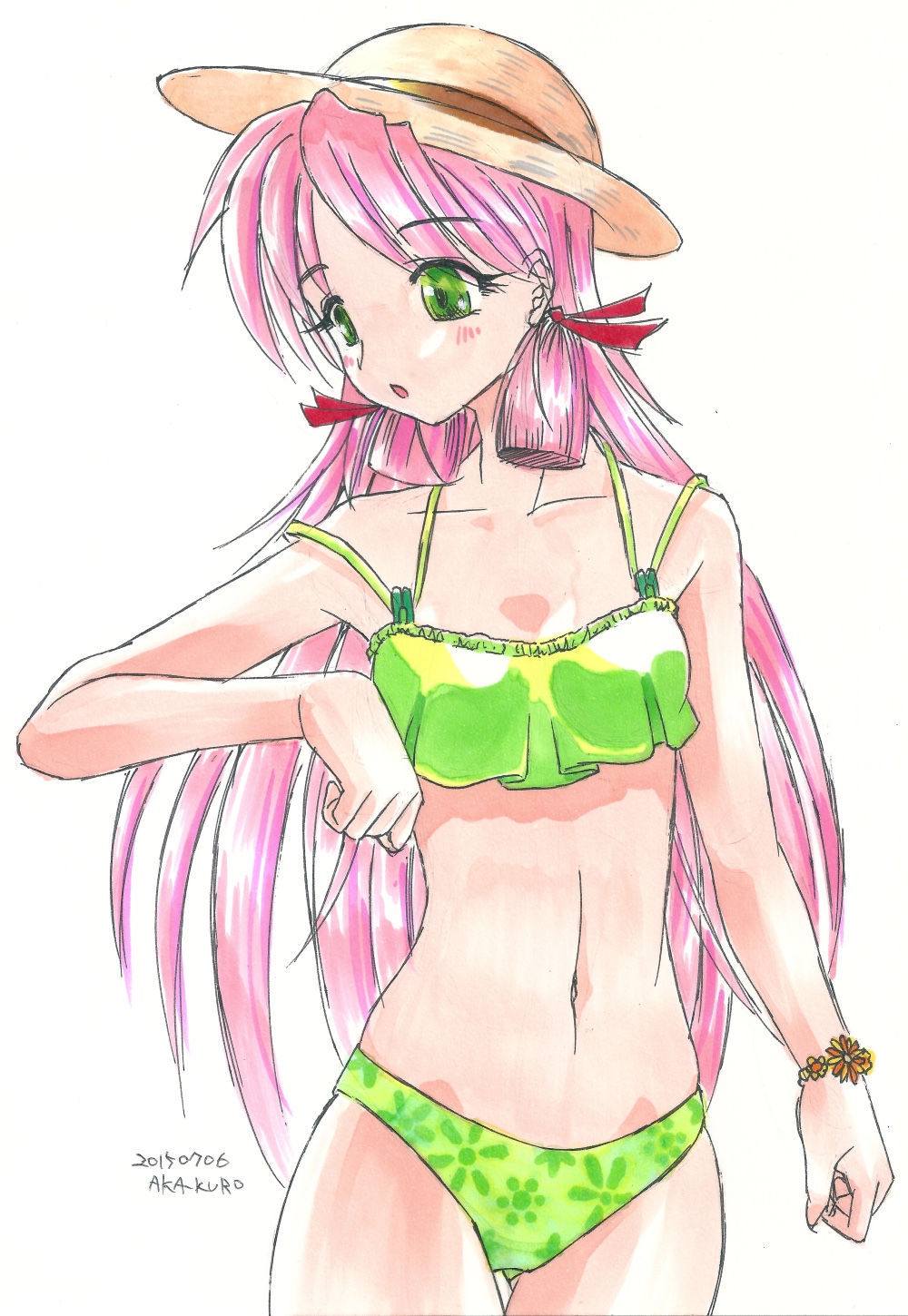 1girl, akaguro-san, akashi_(kantai_collection), bikini, breasts, cleavage, green_eyes, hair_ribbon