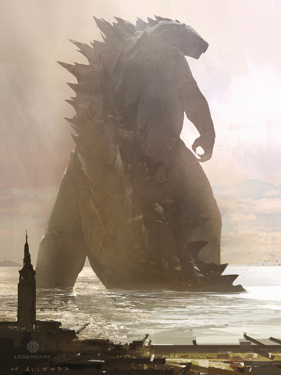 claws, clouds, epic, godzilla, godzilla_(series), harbor, highres, kaijuu, matt_allsopp, monster, production_art, promotional_art, realistic, science_fiction, signature, spikes, sunrise, water
