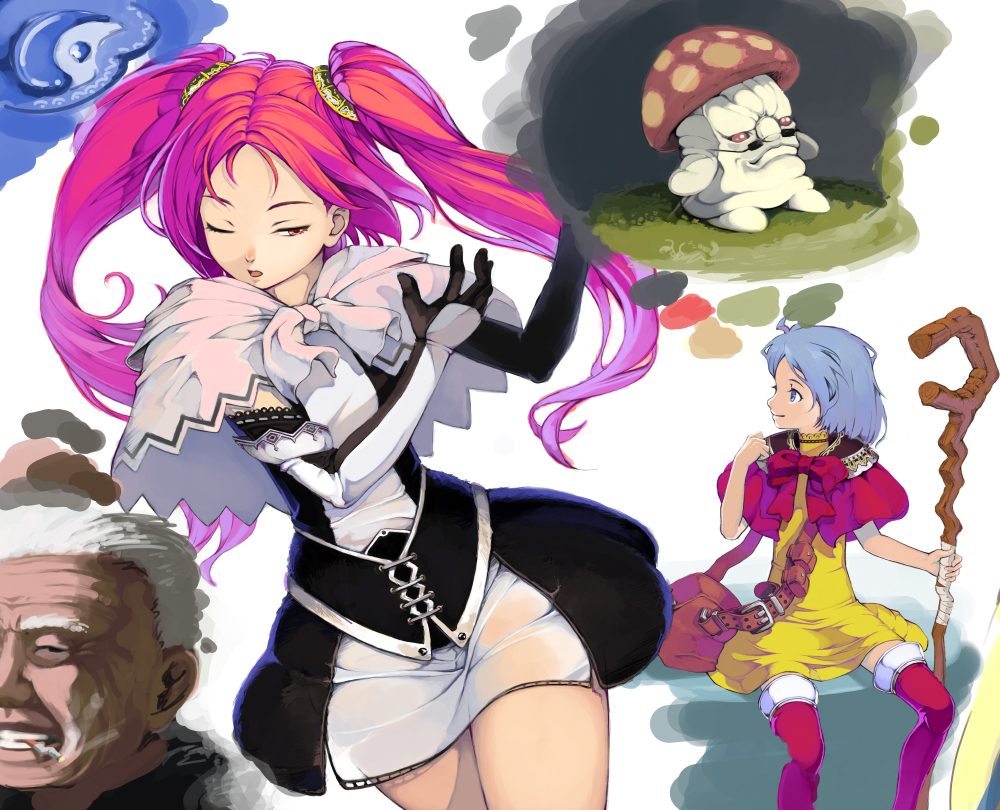 facial_hair, fantasy, kuro_kuro_kuro, kurokurokuro, mushroom, mustache, old_man, smoking, staff, twintails, wink