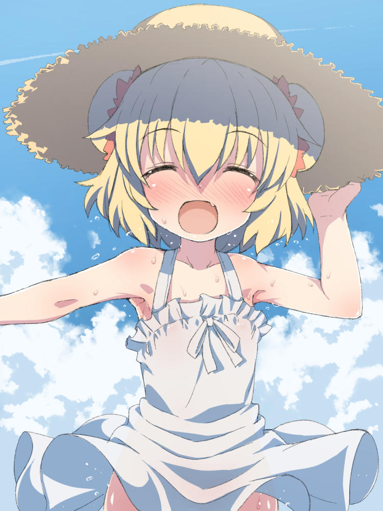 1girl, bare_shoulders, blonde_hair, blush, closed_eyes, double_bun, dress, hat