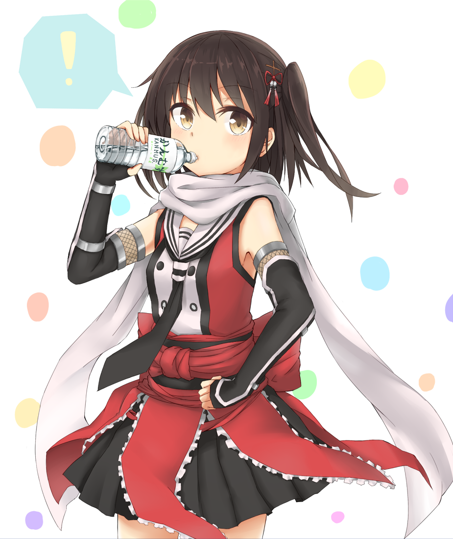 !, 1girl, azuhira, blush, bottle, brown_eyes, brown_hair, cowboy_shot