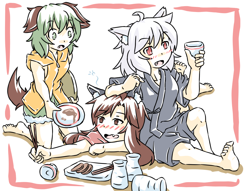 3girls, alcohol, animal_ears, barefoot, blush, brown_eyes, brown_hair, collarbone