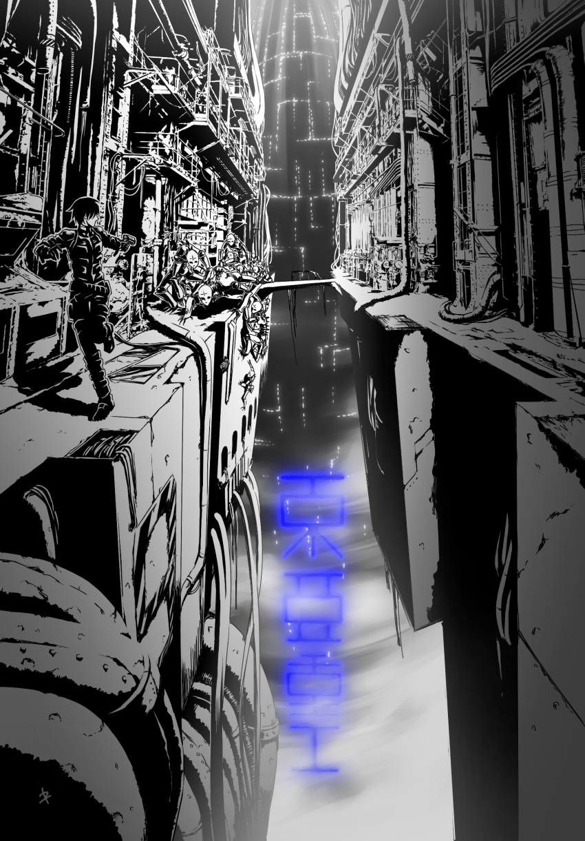1boy, asai_yuichi, belt, black_hair, blame!, bridge, cable, cyberpunk