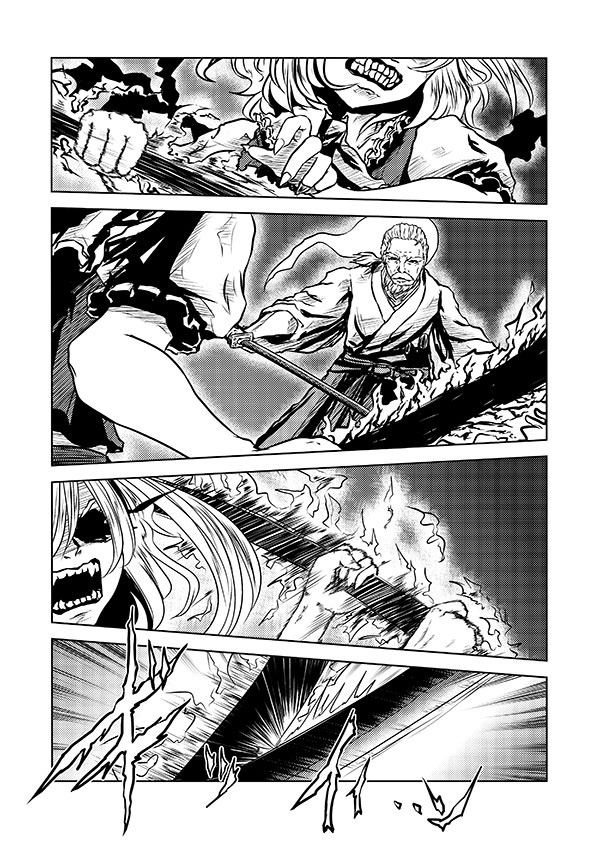 black_eyes, black_sclera, clenched_teeth, comic, facial_hair, fangs, fingers, fire, flandre_scarlet, greyscale, hakama, japanese_clothes, katana, konpaku_youki, konpaku_youki_(ghost), laevatein, monochrome, mustache, puffy_short_sleeves, puffy_sleeves, short_sleeves, sword, touhou, weapon