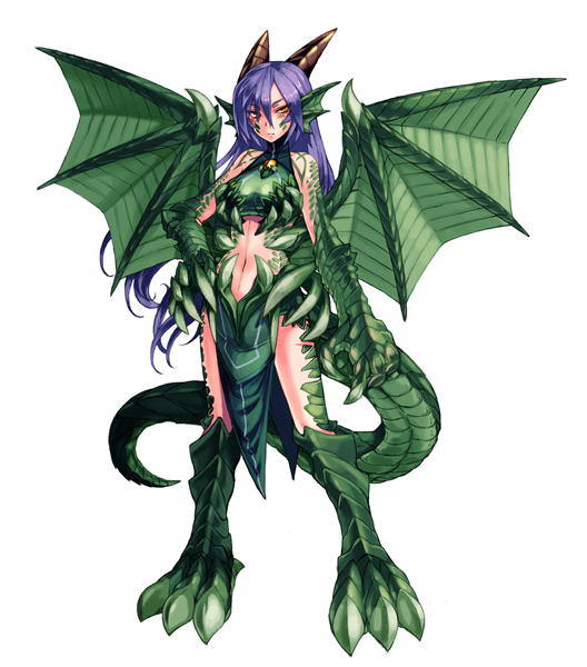 1girl, animal_ears, claws, dragon_(monster_girl_encyclopedia), dragon_girl, hand_on_hip, horns, kenkou_cross