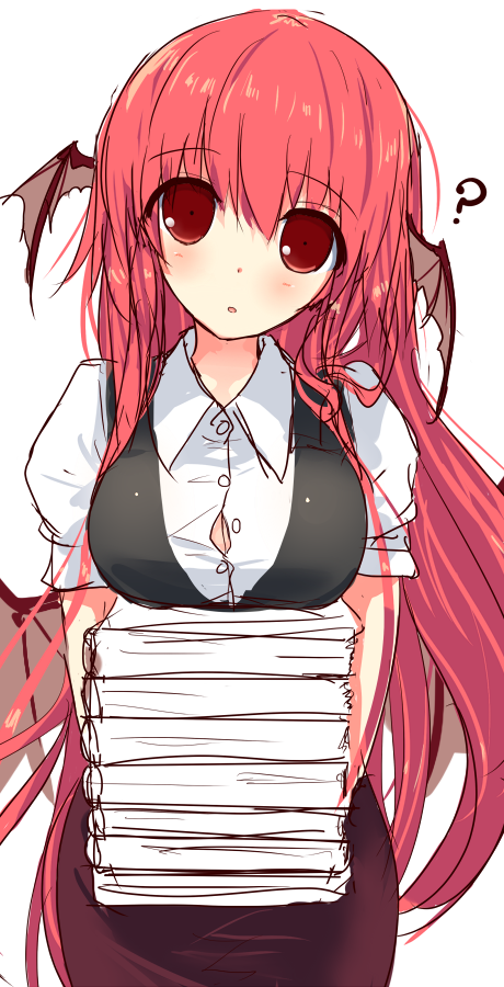 1girl, ?, book, book_stack, breast_rest, breasts, dress_shirt, head_tilt