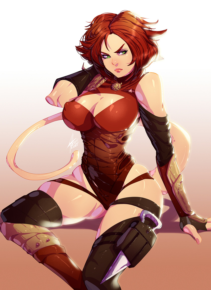 absurdres, annah-of-the-shadows, armor, breasts, cleavage, dagger, green_eyes, highres, large_breasts, leotard, long_tail, planescape, planescape:_torment, punch_dagger, redhead, tail, thigh-highs, weapon