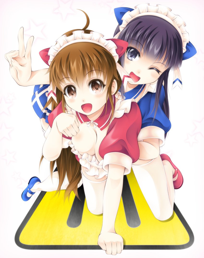 boldcats, breasts, brown_hair, cleavage, highres, long_hair, open_mouth, ponytail