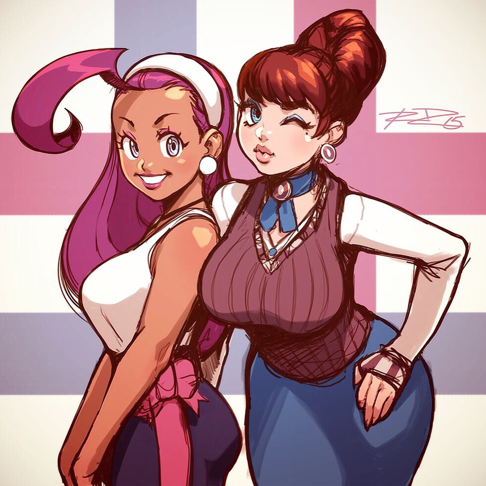 2girls, ;), ahoge, alternate_hair_length, alternate_hairstyle, bliss_barson, breasts, choker