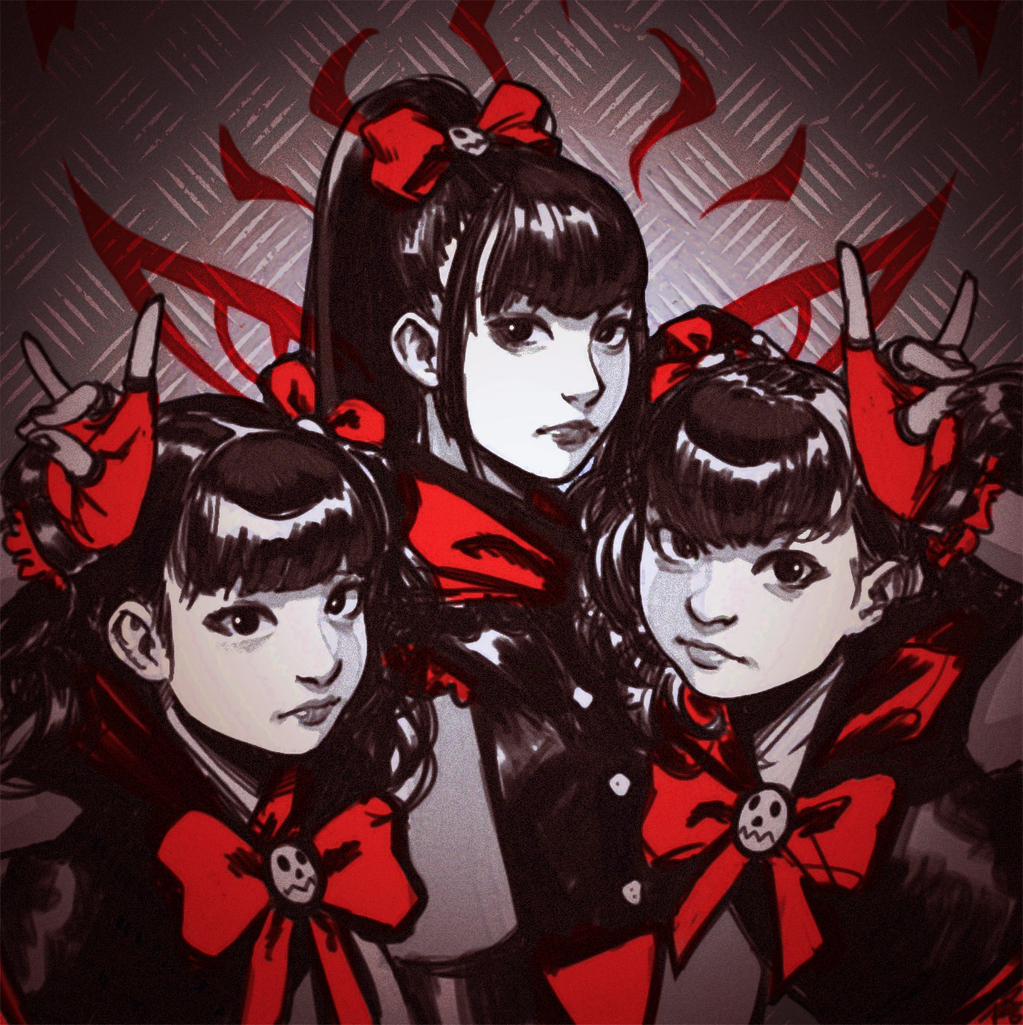 3girls, \m/, babymetal, bangs, fingerless_gloves, gloves, kikuchi_moa, lips