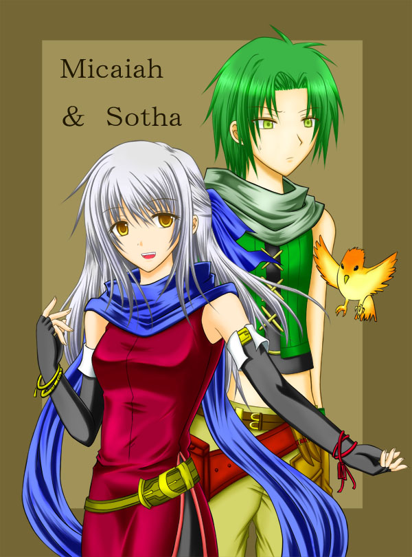 1boy, 1girl, bare_shoulders, bird, black_gloves, black_legwear, blue_scarf, character_name