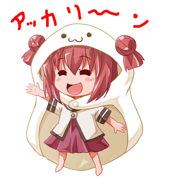 1girl, :d, ^_^, akaza_akari, barefoot, closed_eyes, company_connection, double_bun, dougakoubou, hair_bun, himouto!_umaru-chan, namori_(fictional_persona), open_mouth, parody, redhead, shishinon, smile, solo, yuru_yuri
