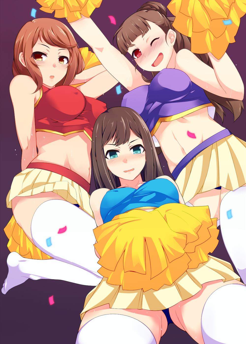 3girls, blush, brown_eyes, brown_hair, cheerleader, eyebrows, green_eyes, highres