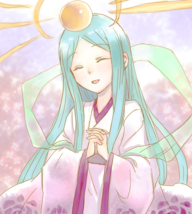 1girl, :d, ^_^, amaterasu_(p&amp;d), aqua_hair, closed_eyes, hagoromo, hands_clasped