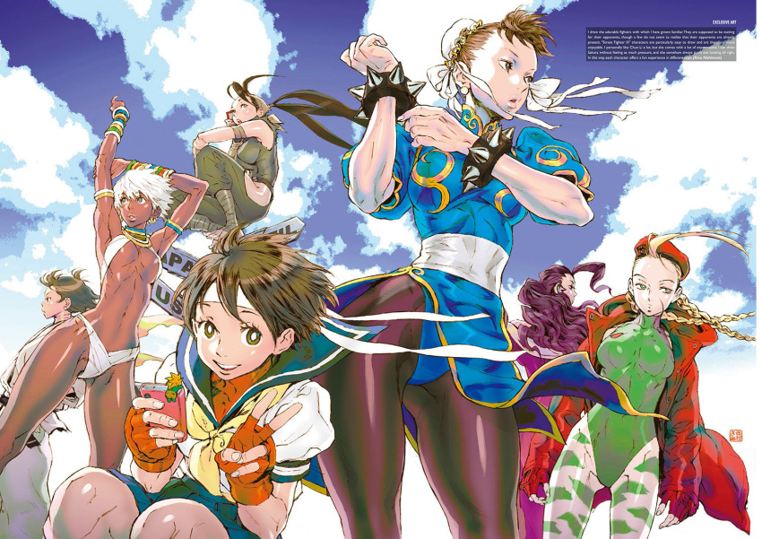 6+girls, ahoge, armlet, armpits, arms_up, beret, bikini, black_hair