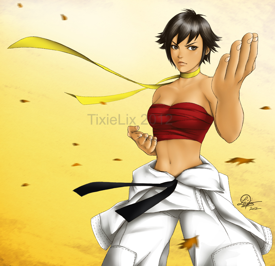 1girl, 2012, black_hair, brown_eyes, choker, clothes_around_waist, cowboy_shot, dougi