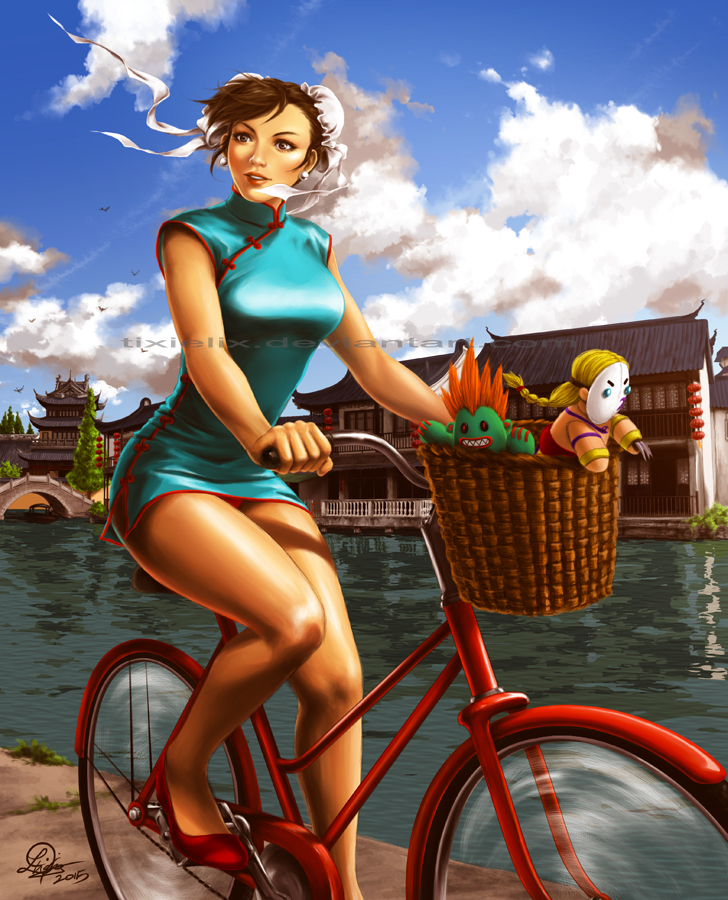 1girl, alternate_costume, bicycle, bicycle_basket, blanka, blue_dress, blue_sky, breasts