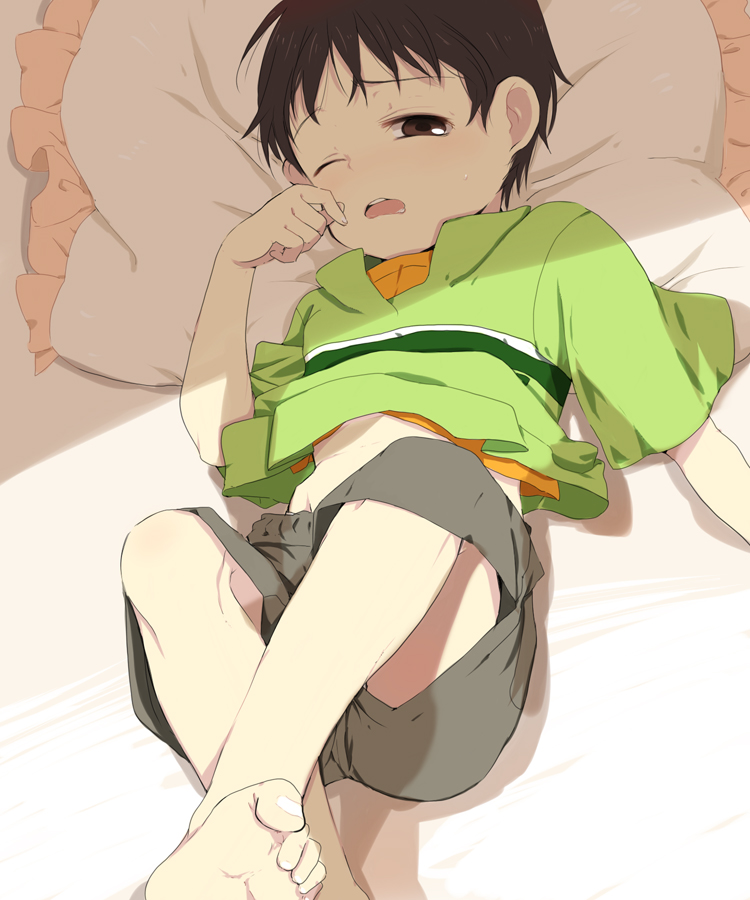 bad_id, barefoot, blush, caterpillar_(artist), child, feet, lying, male