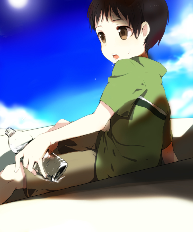 bad_id, bottle, brown_eyes, brown_hair, caterpillar_(artist), male, onozawa_yuuki, short_hair