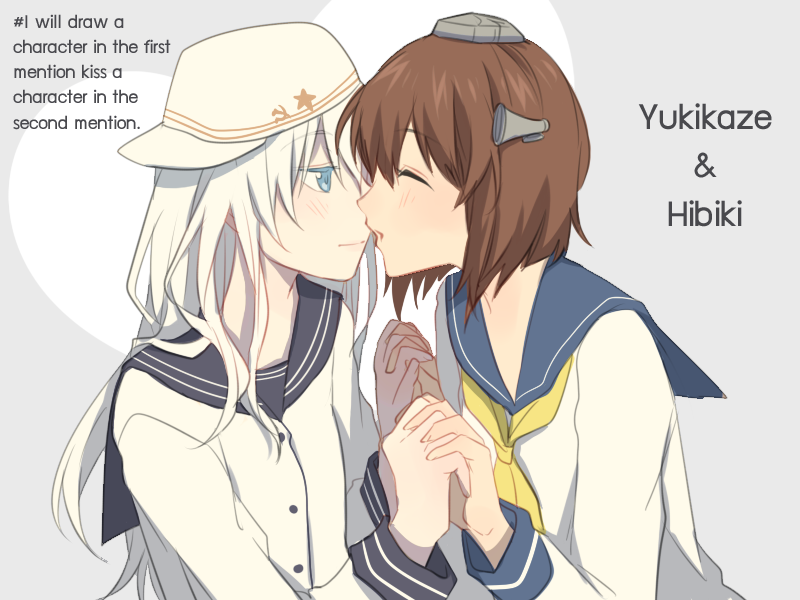 2girls, blue_eyes, brown_hair, character_name, closed_eyes, english, hammer_and_sickle, hat