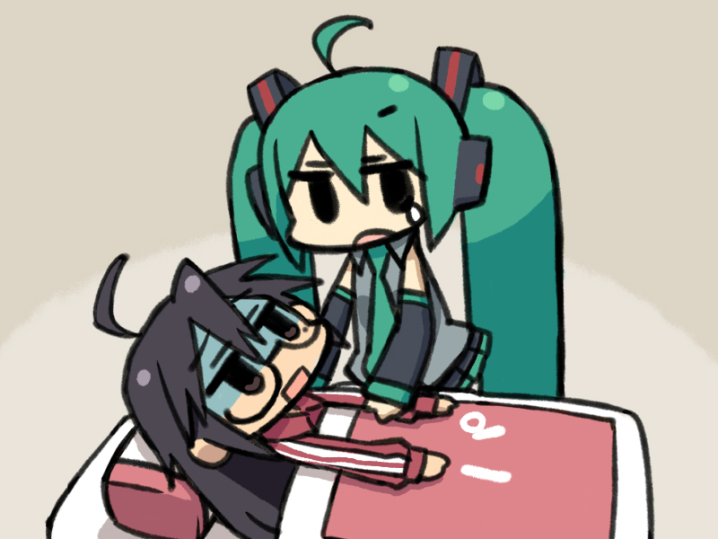 aqua_hair, black_hair, chan_co, chibi, futon, glasses, hatsune_miku, headphones