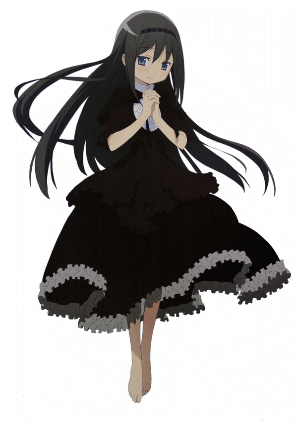 1girl, akemi_homura, barefoot, black_hair, dress, funeral_dress, hairband, long_hair, looking_at_viewer, mahou_shoujo_madoka_magica, mahou_shoujo_madoka_magica_movie, official_art, ribbon, scan, smile, solo, violet_eyes