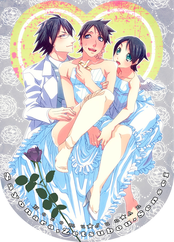 1girl, 2boys, black_hair, crossdressinging, dress, flower, furu_(retr0e), fuura_kafuka