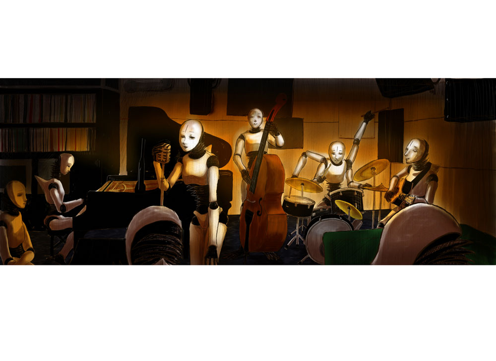 android, audience, blame!, concert, dark, double_bass, drum, drum_set