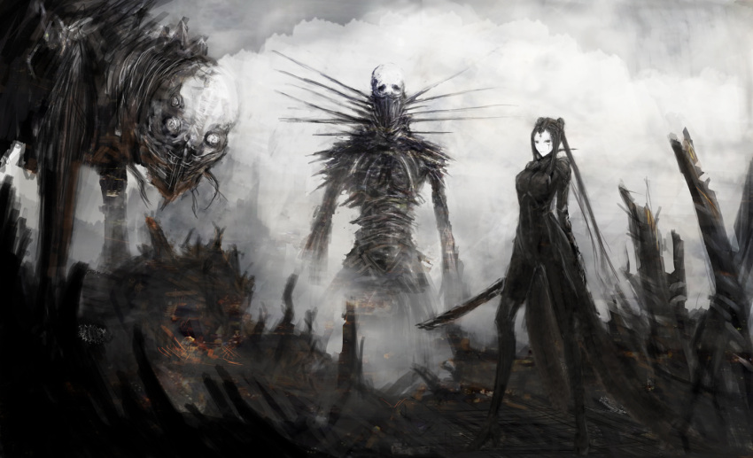 1girl, auto, black_hair, blame!, blon, clouds, cloudy_sky, commentary