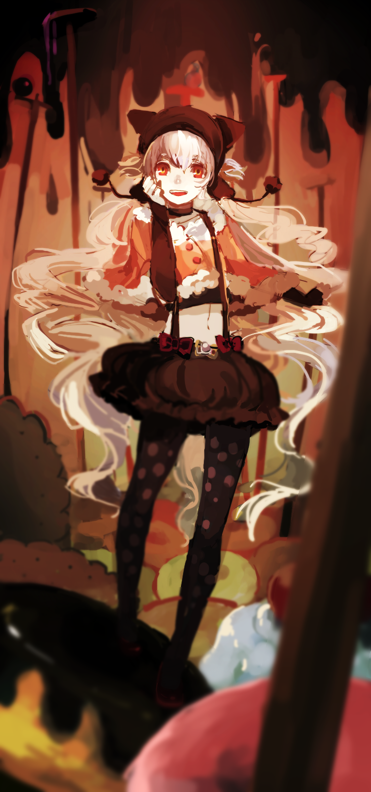 1girl, bubble_skirt, capelet, detached_sleeves, doughnut, fingerless_gloves, food, gloves