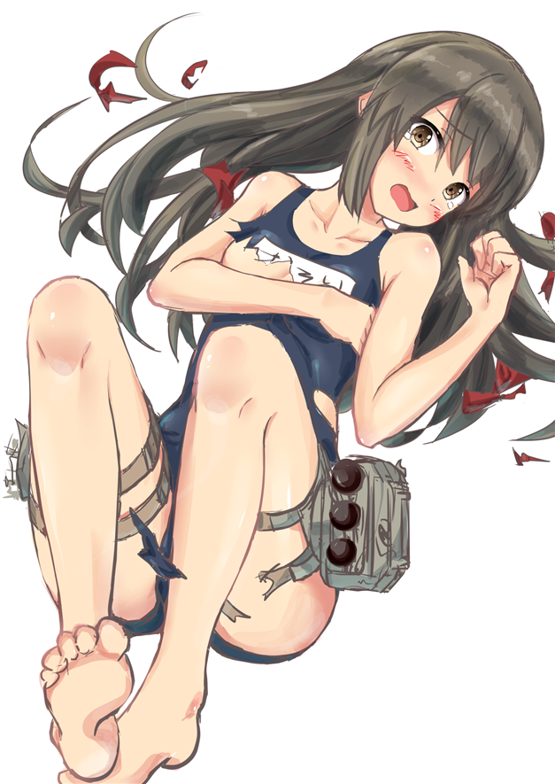 1girl, bare_legs, bare_shoulders, black_hair, blush, feesu_(rinc7600), hair_down, isonami_(kantai_collection)