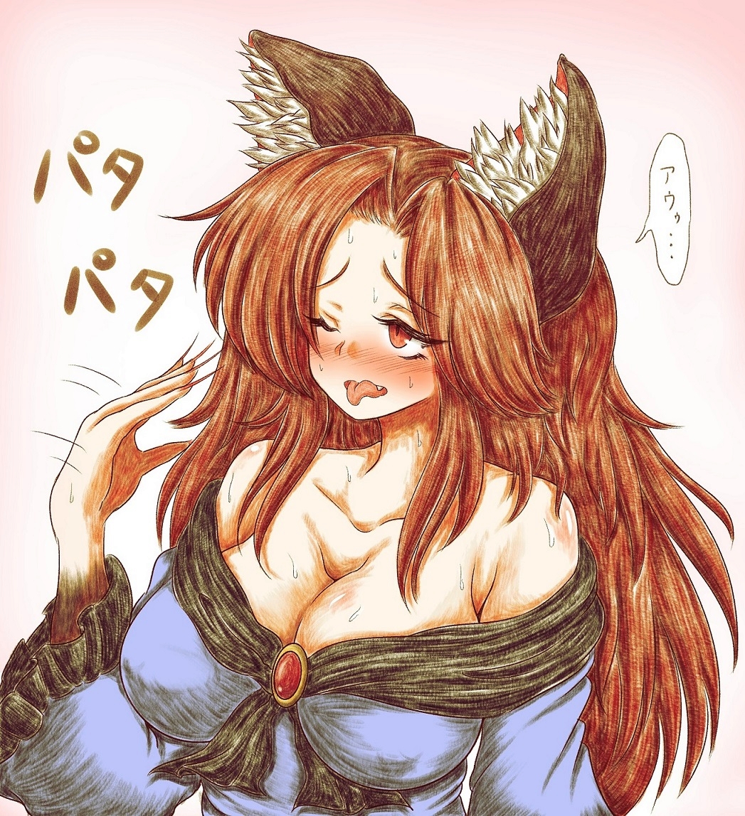 1girl, animal_ears, bare_shoulders, blush, breasts, brooch, brown_hair, cleavage