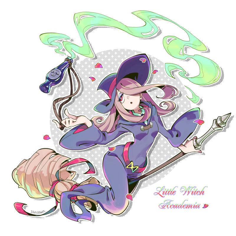 1girl, broom, broom_riding, hair_over_one_eye, hat, little_witch_academia, long_hair, open_mouth, petals, potion, purple_hair, sigumado66, skull, solo, sucy_manbabalan, witch, witch_hat