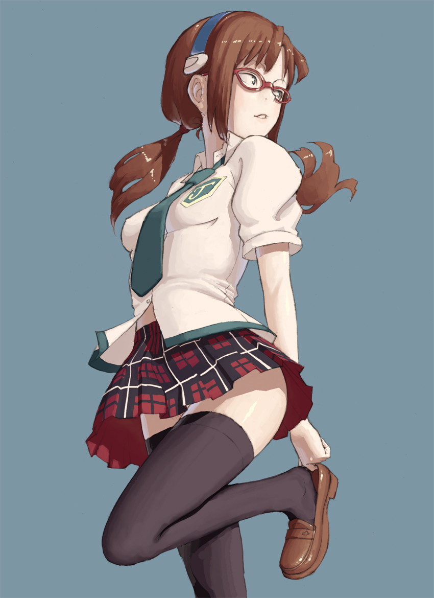 brown_hair, glasses, hibakari, legs, loafers, makinami_mari_illustrious, necktie, neon_genesis_evangelion