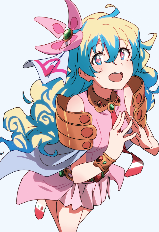 +_+, 1girl, blonde_hair, blue_eyes, blue_hair, dress, flower, hair_flower, hair_ornament, long_hair, multicolored_hair, nia_teppelin, red10, solo, symbol-shaped_pupils, tengen_toppa_gurren_lagann, two-tone_hair