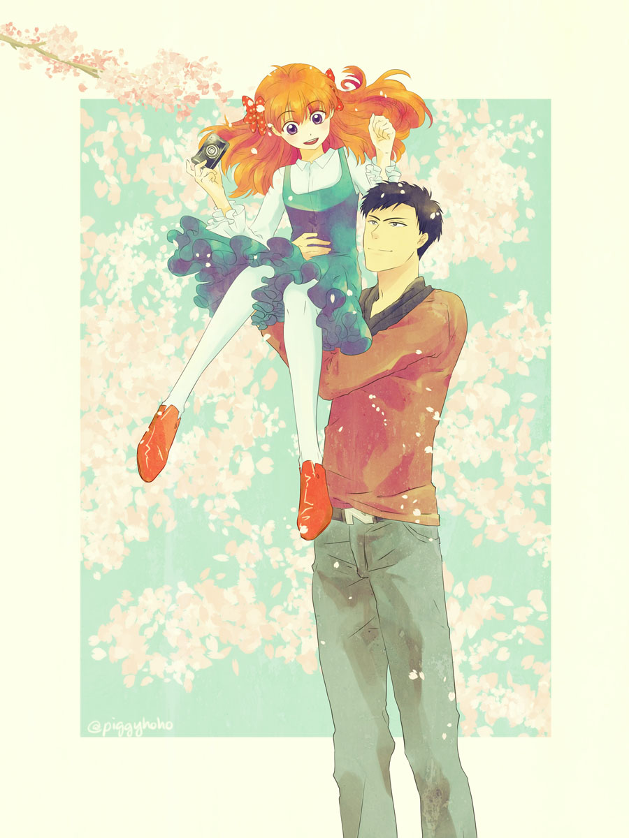 1boy, 1girl, black_hair, bow, brown_eyes, camera, carrying, cherry_blossoms