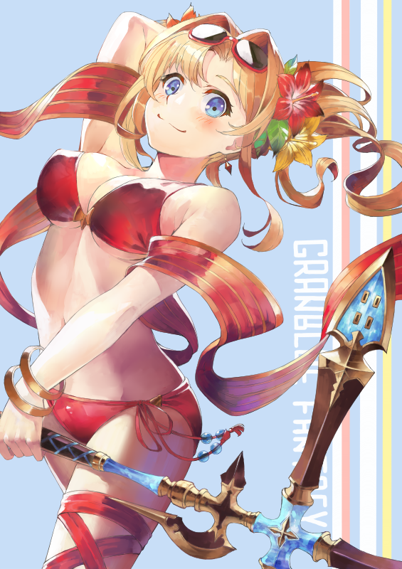1girl, bikini, blonde_hair, blue_eyes, breasts, granblue_fantasy, hairband, long_hair