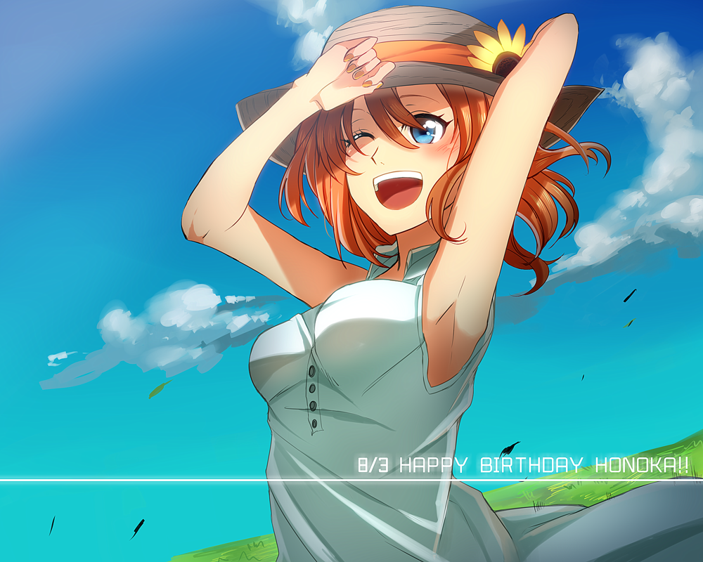1girl, blue_eyes, brown_hair, hat, kousaka_honoka, koutakunnohito, love_live!_school_idol_project, one_eye_closed, open_mouth, short_hair, side_ponytail, smile, solo