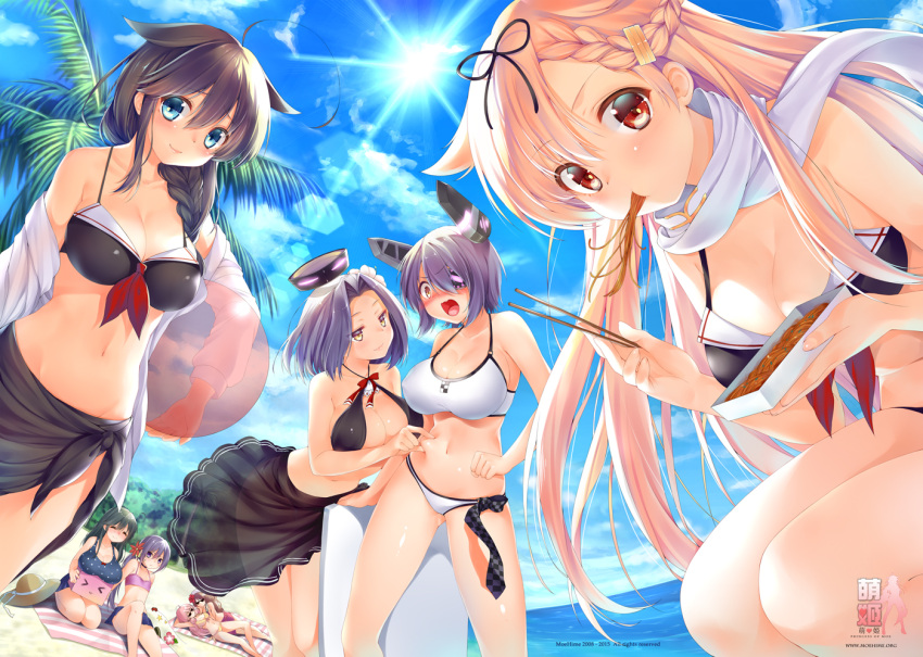6+girls, adapted_costume, ahoge, akashi_(kantai_collection), akebono_(kantai_collection), ball, beachball, bikini