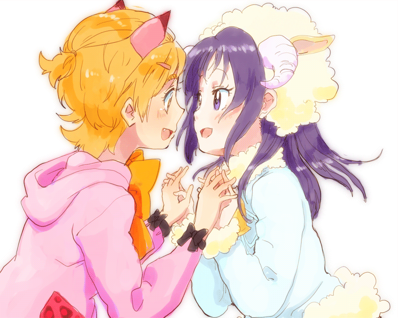 2girls, alternate_costume, animal_ears, azuma_yukihiko, blonde_hair, blush, brown_eyes, cat_ears