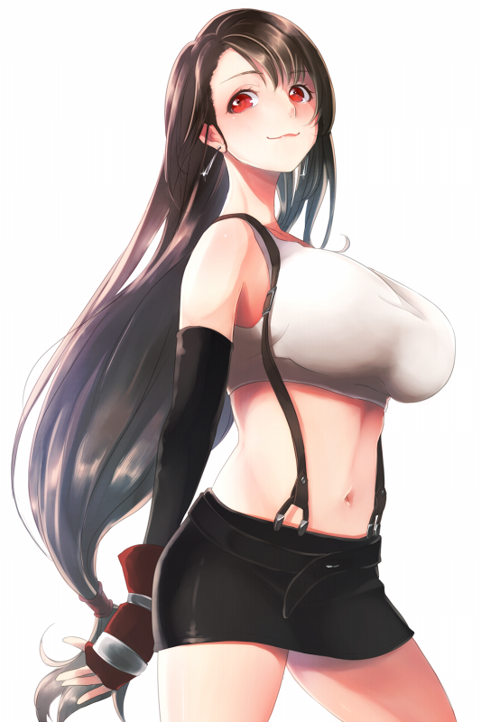 1girl, breasts, brown_hair, earrings, elbow_gloves, final_fantasy, final_fantasy_vii, fingerless_gloves